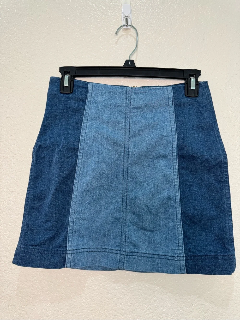 Free People Modern Femme Denim Mini Skirt 2 Two Tone Colorblock Blue Stretch